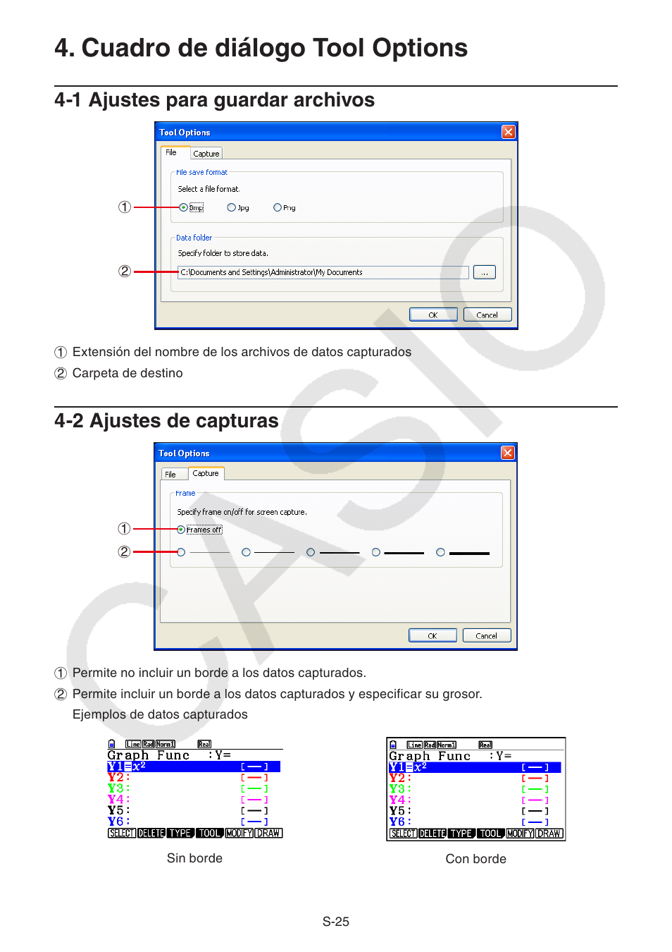 Cuadro de diálogo tool options, 1 ajustes para guardar archivos, 2 ajustes de capturas | Casio Screen Receiver User Manual | Page 26 / 29
