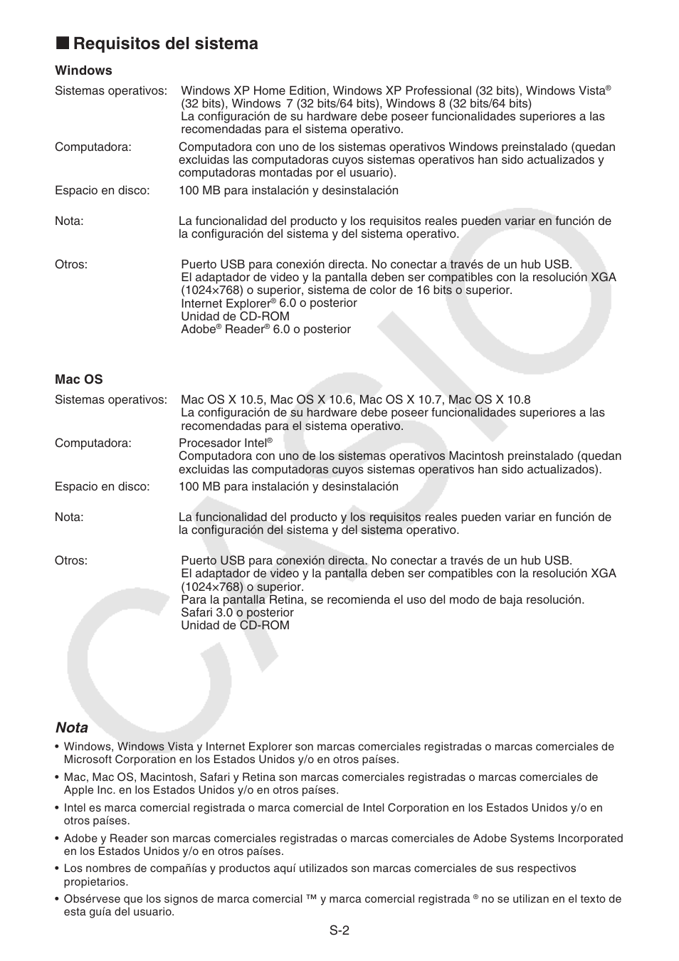 Requisitos del sistema k, Nota | Casio Screen Receiver User Manual | Page 3 / 29