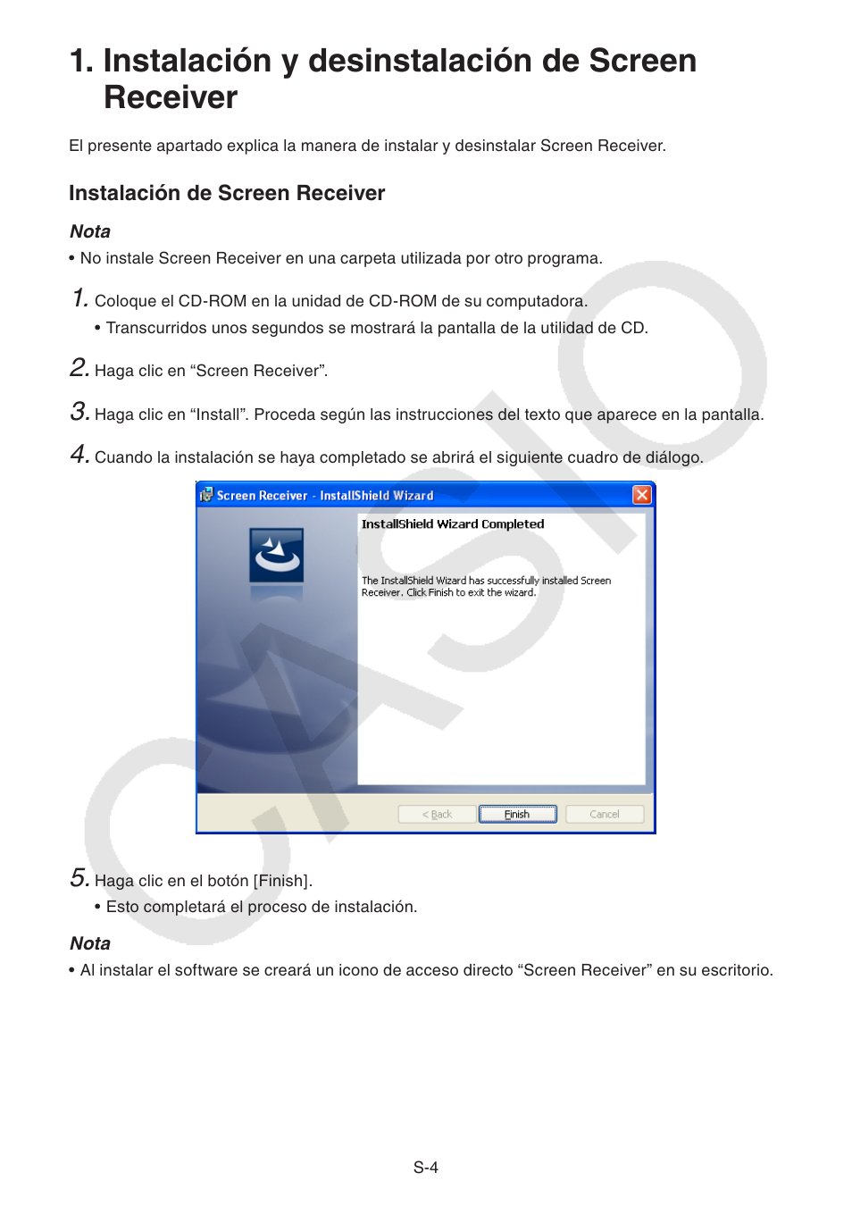 Instalación y desinstalación de screen receiver | Casio Screen Receiver User Manual | Page 5 / 29
