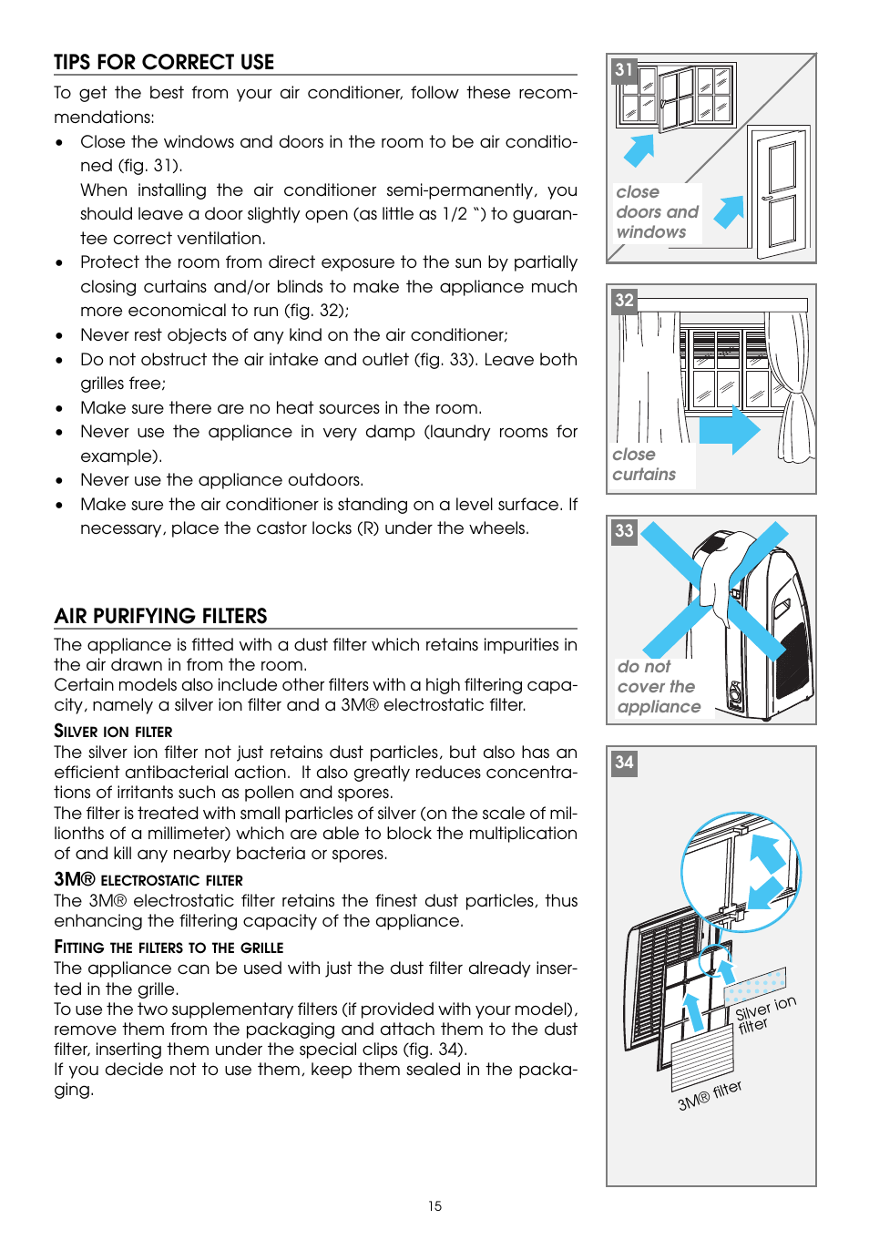 Tips for correct use, Air purifying filters | DeLonghi PAC W130E User Manual | Page 15 / 20