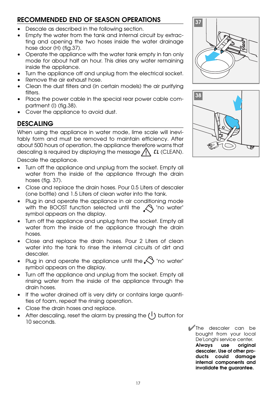 Recommended end of season operations, Descaling | DeLonghi PAC W130E User Manual | Page 17 / 20