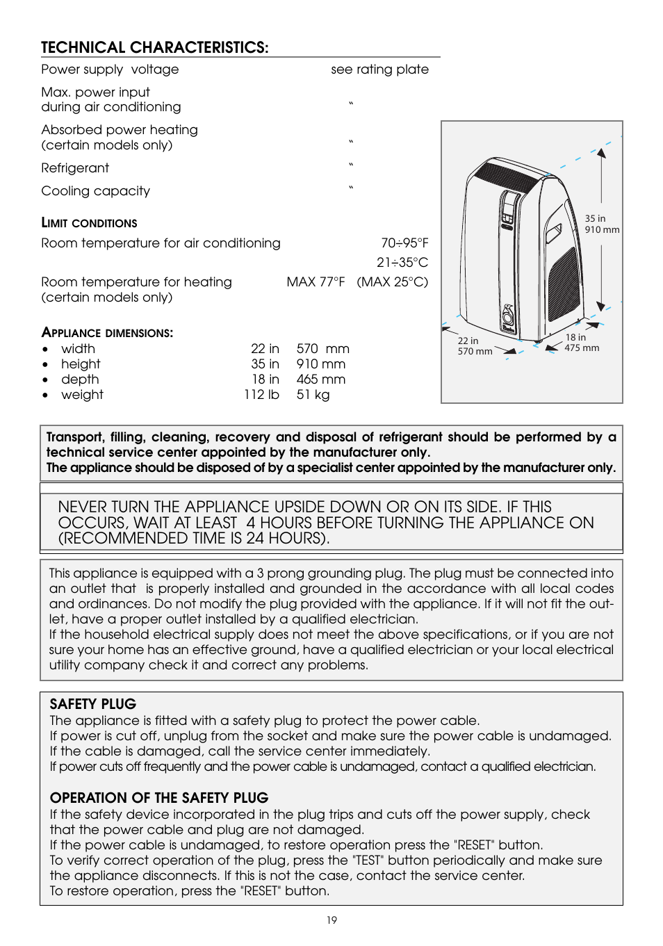 Technical characteristics | DeLonghi PAC W130E User Manual | Page 19 / 20