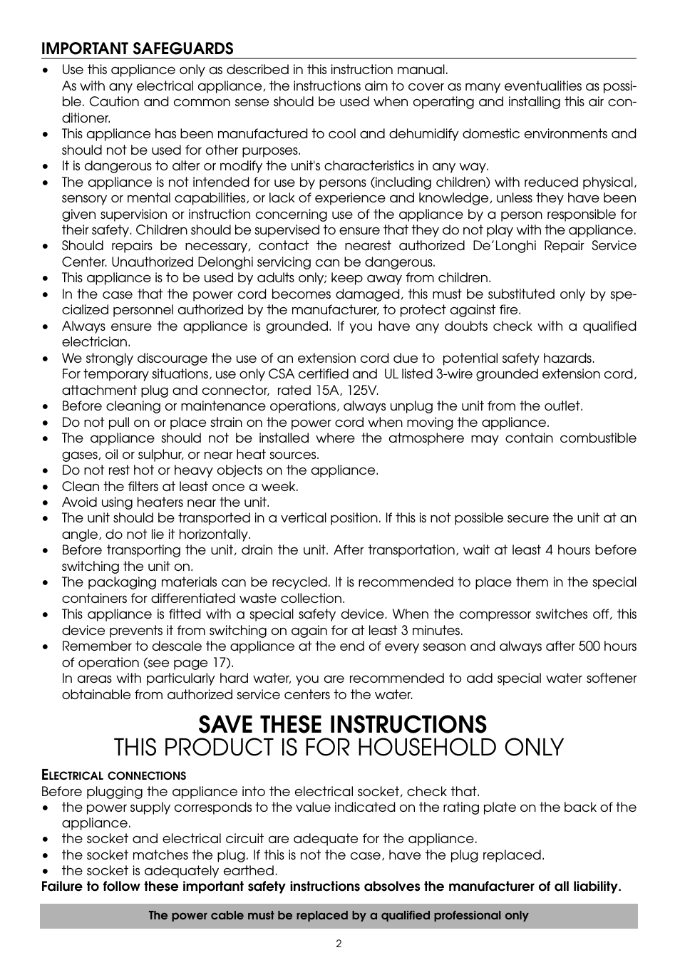 Important safeguards | DeLonghi PAC W130E User Manual | Page 2 / 20
