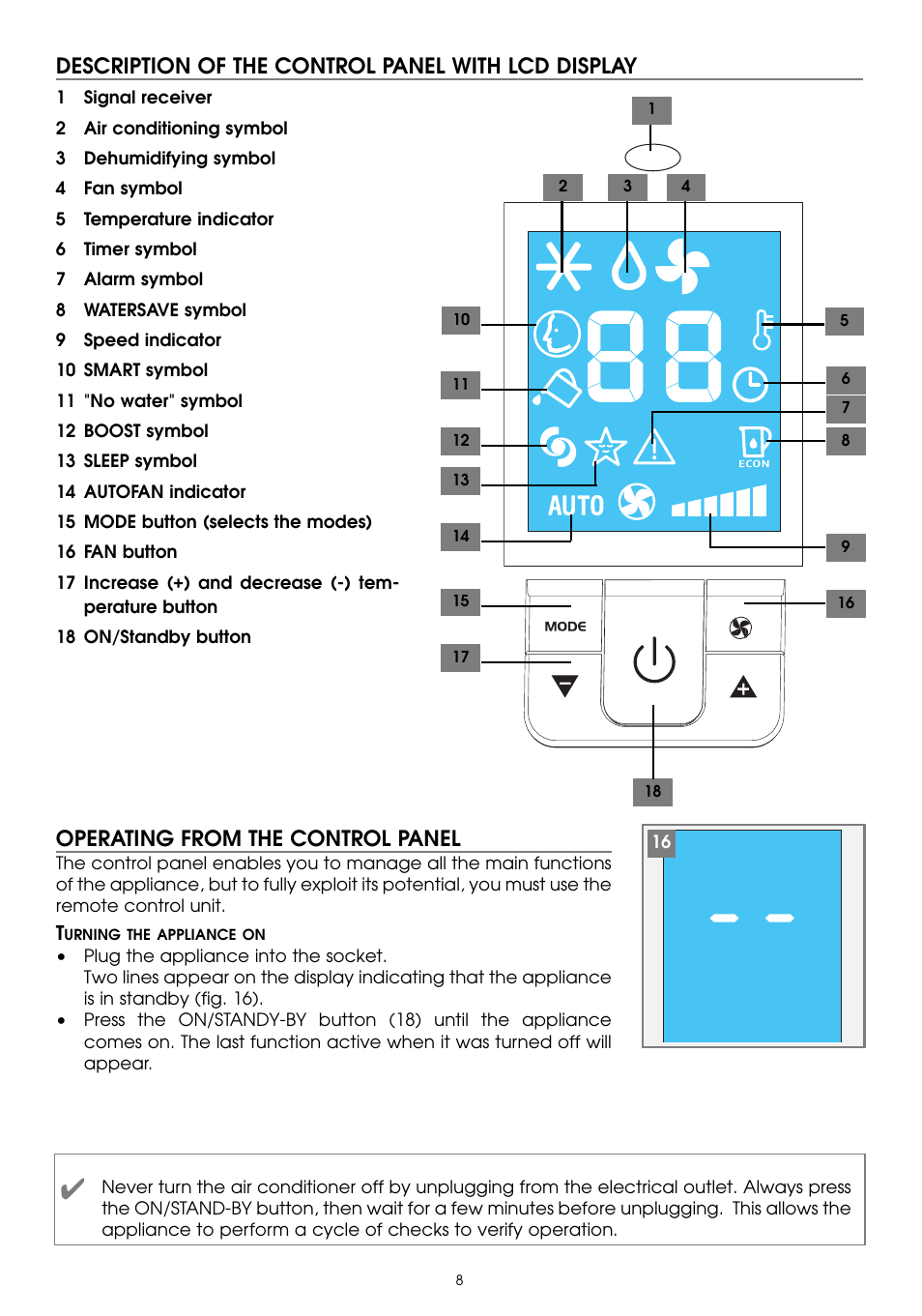 Description of the control panel with lcd display, Operating from the control panel | DeLonghi PAC W130E User Manual | Page 8 / 20