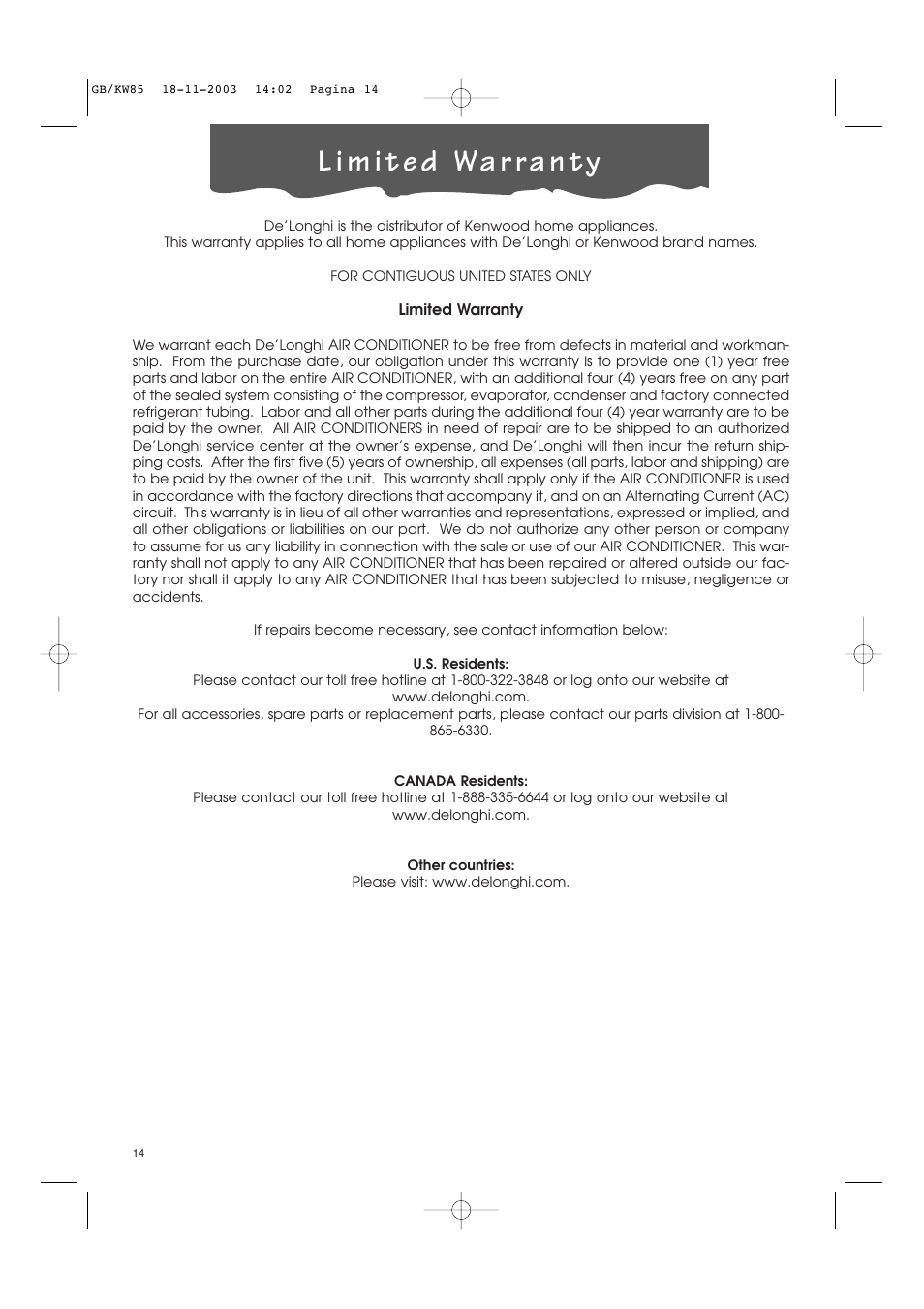 DeLonghi KW 85 User Manual | Page 14 / 14