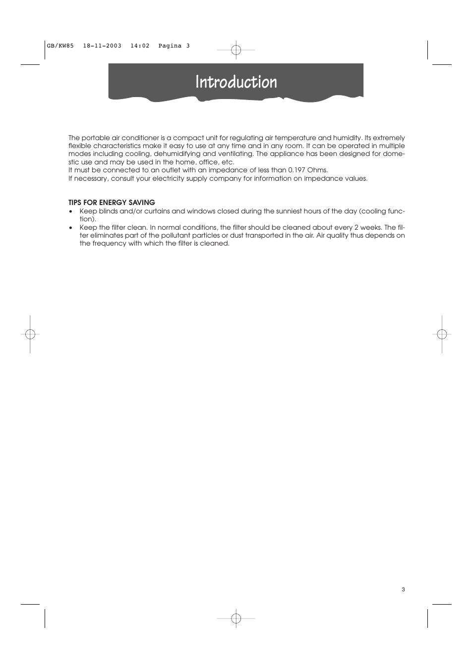 Introduction | DeLonghi KW 85 User Manual | Page 3 / 14