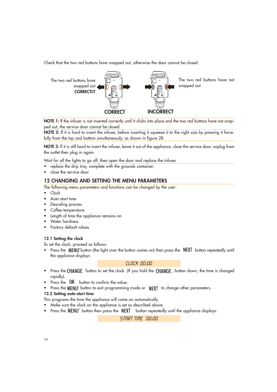 Clock 00:00, Start time 00:00 | DeLonghi EAM3400 User Manual | Page 16 / 24