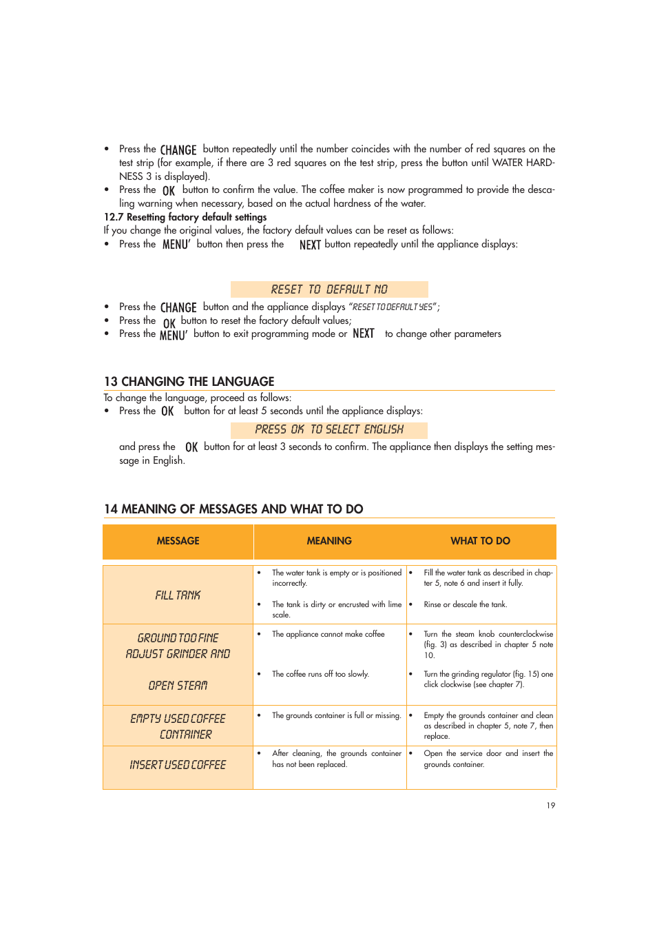 Fill tank, Ground too fine adjust grinder and, Open steam | Empty used coffee container, Insert used coffee, Reset to default no, Press ok to select english | DeLonghi EAM3400 User Manual | Page 19 / 24