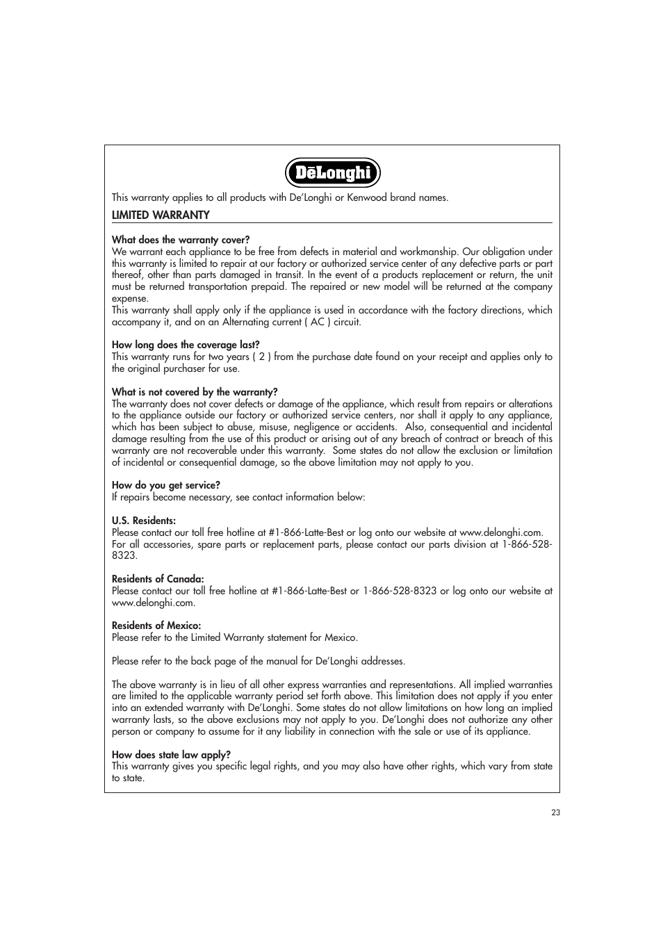 DeLonghi EAM3400 User Manual | Page 23 / 24