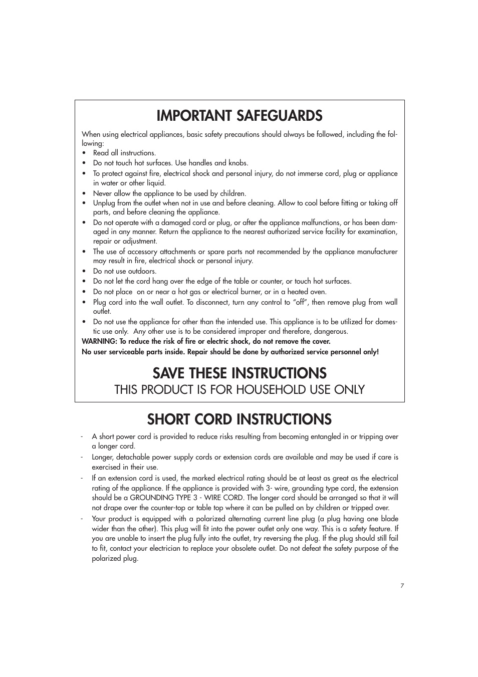 Short cord instructions, Important safeguards, Save these instructions | This product is for household use only | DeLonghi EAM3400 User Manual | Page 7 / 24