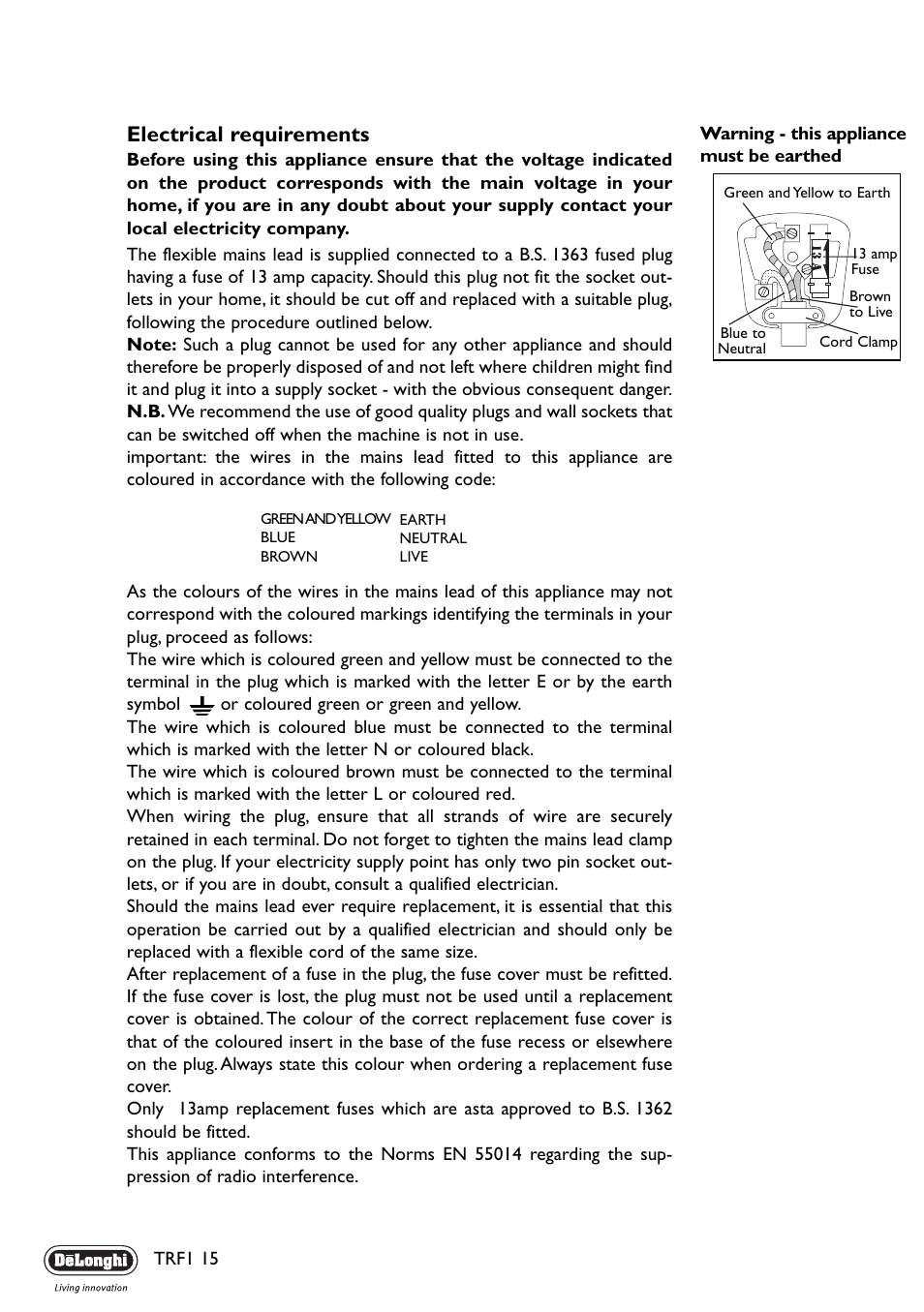 Electrical requirements | DeLonghi TRF1 15 User Manual | Page 6 / 6