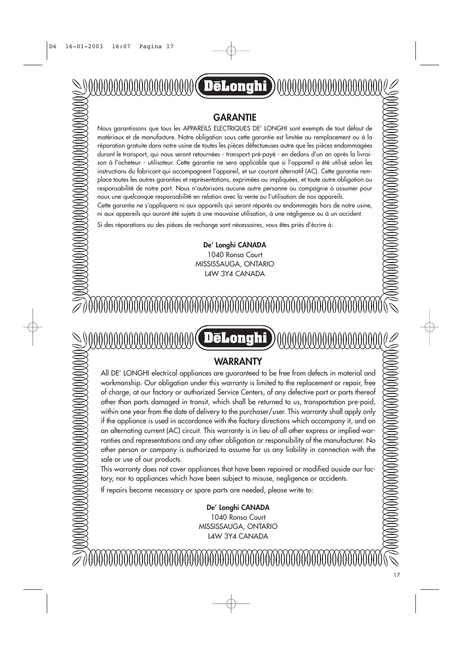 Garantie, Warranty | DeLonghi Electric Deep Dryer User Manual | Page 17 / 31