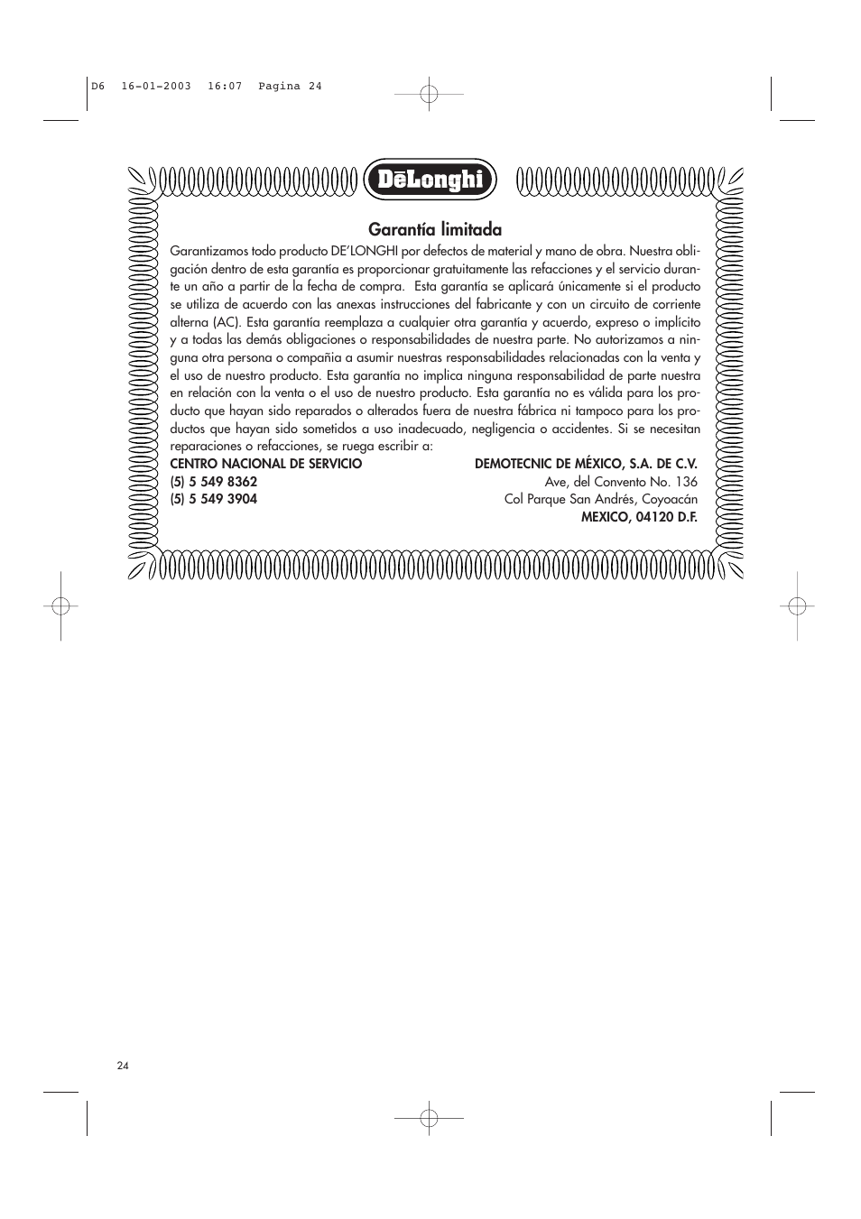 Garantía limitada | DeLonghi Electric Deep Dryer User Manual | Page 24 / 31