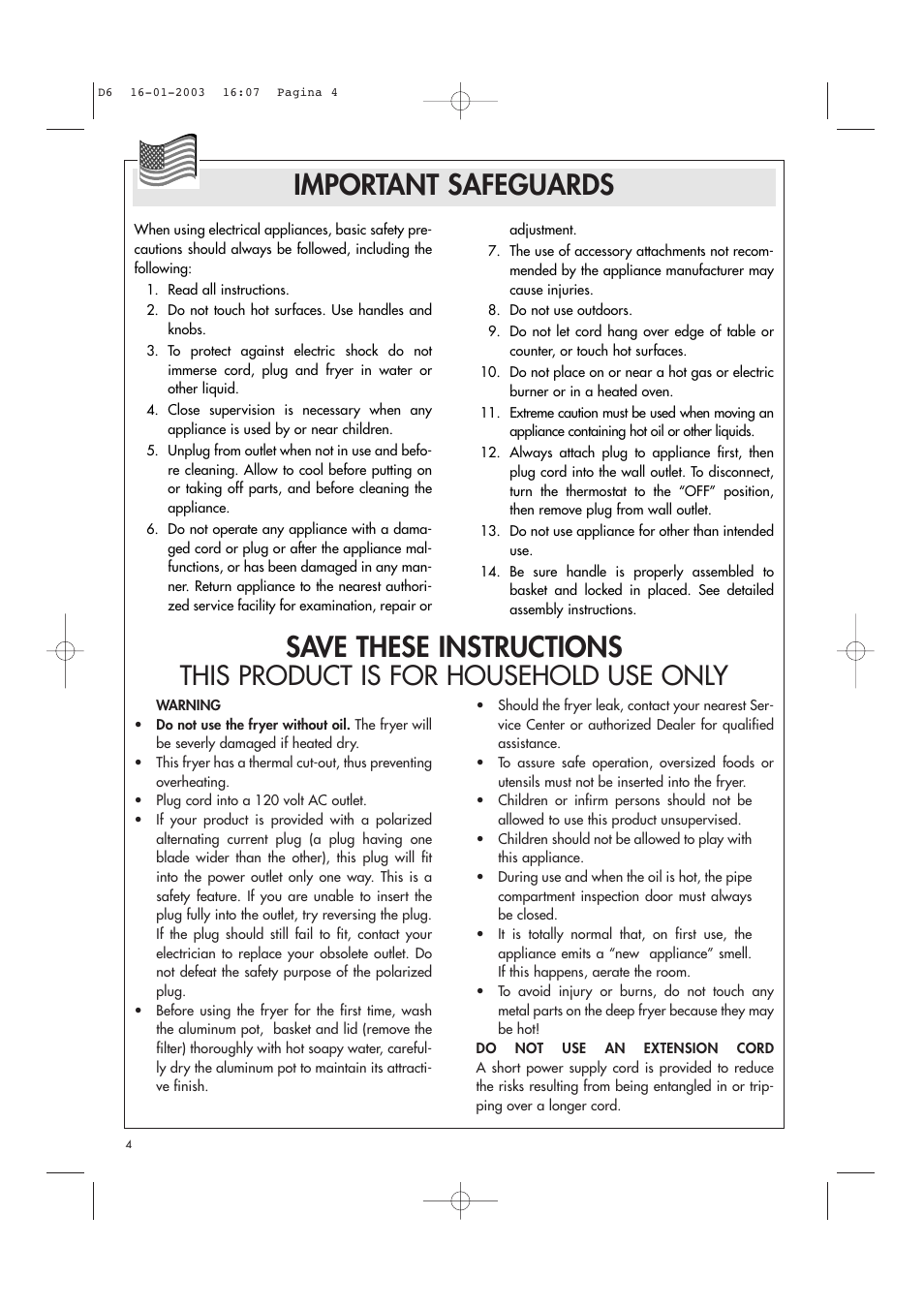 Important safeguards save these instructions, This product is for household use only | DeLonghi Electric Deep Dryer User Manual | Page 4 / 31