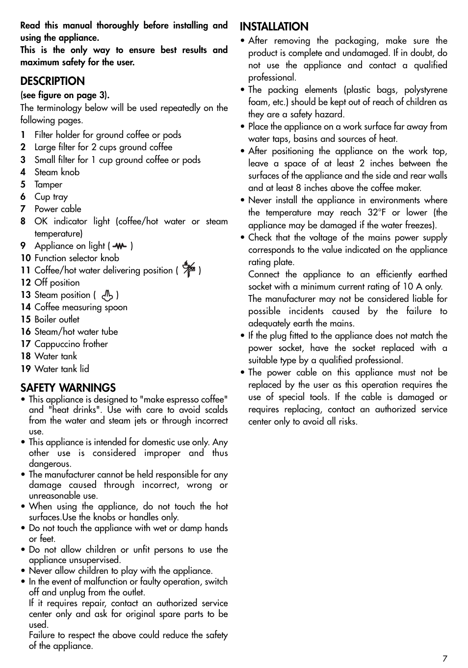 Description, Safety warnings, Installation | DeLonghi EC155 User Manual | Page 6 / 12