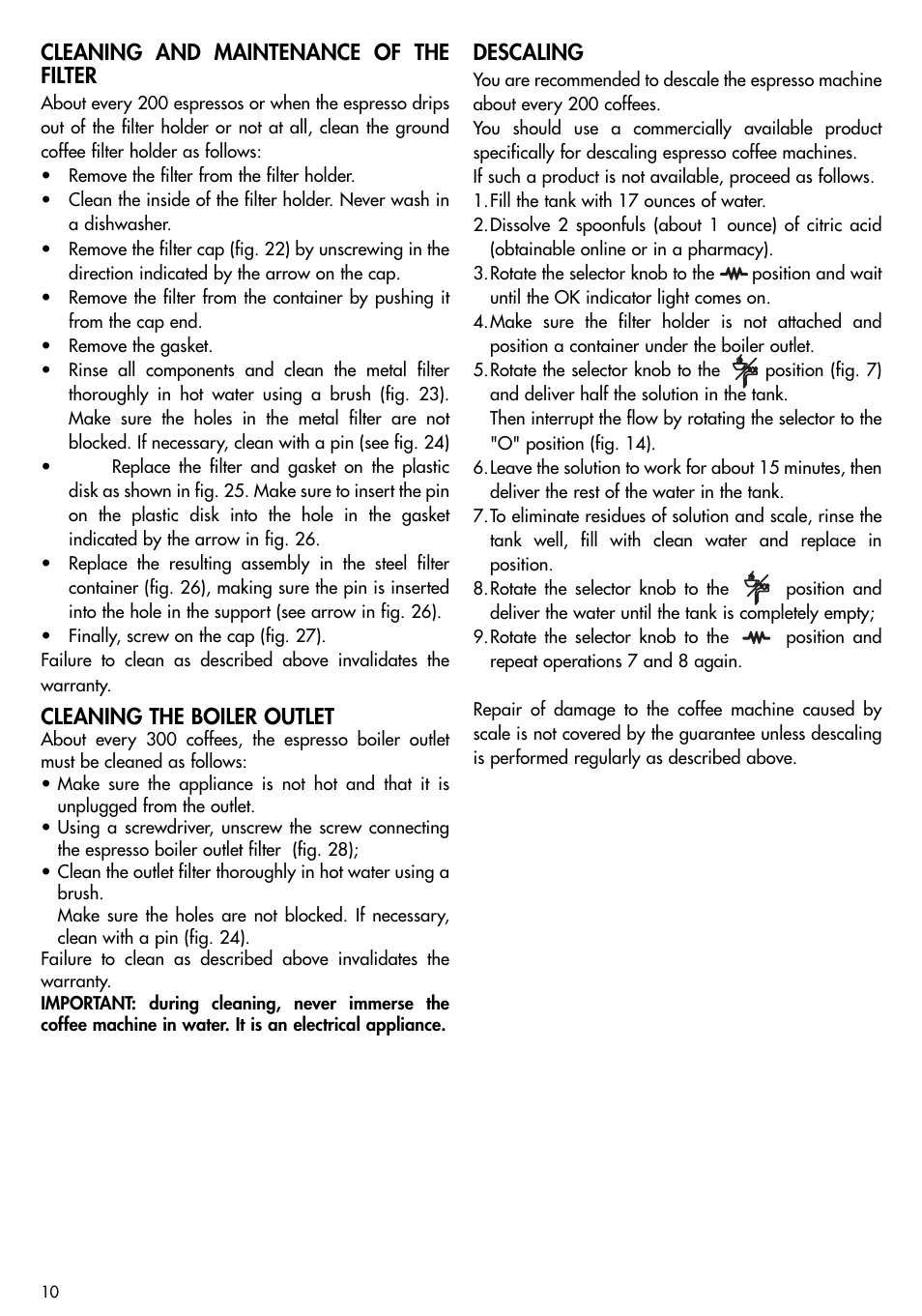 Cleaning and maintenance of the filter, Cleaning the boiler outlet, Descaling | DeLonghi EC155 User Manual | Page 9 / 12