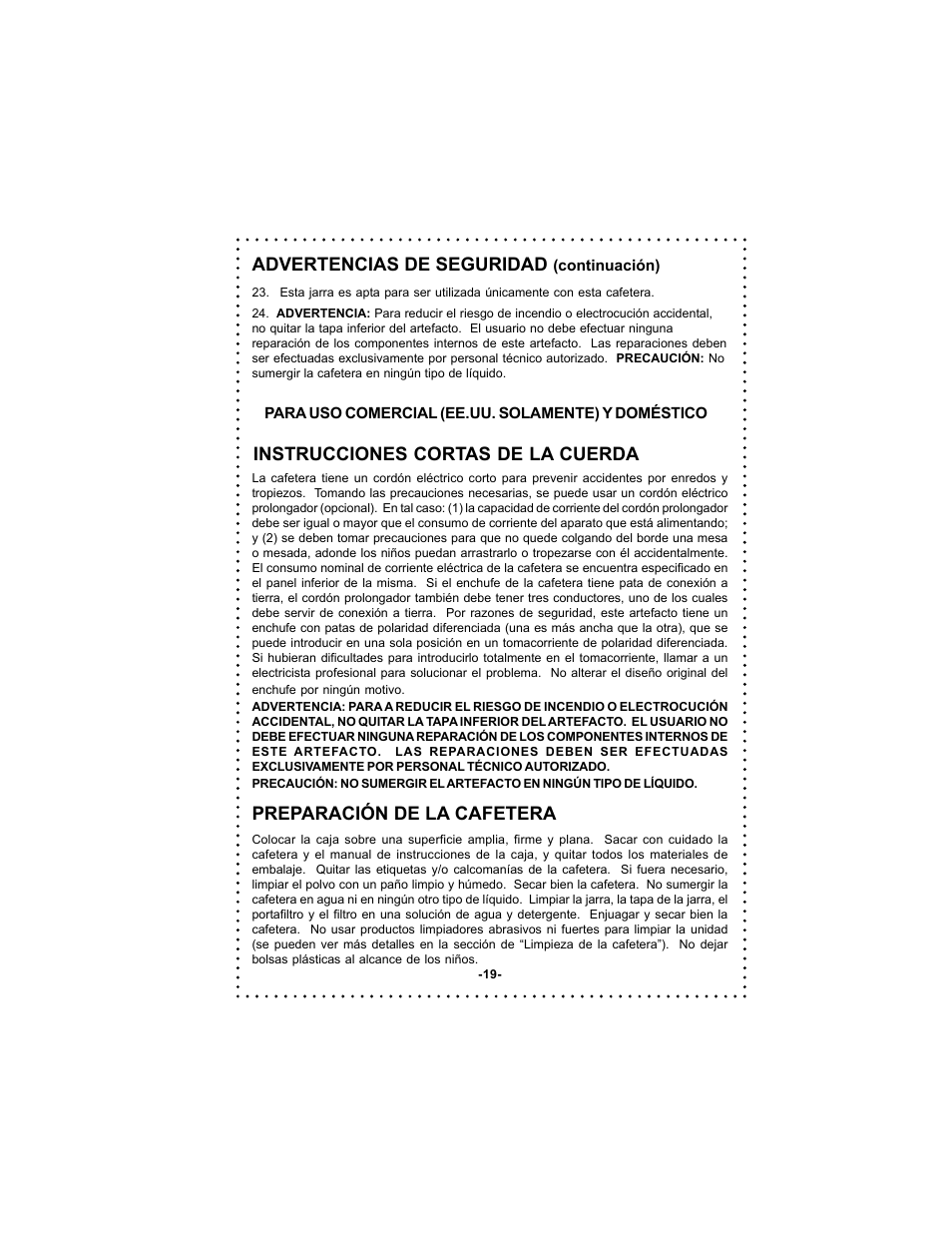 Advertencias de seguridad, Instrucciones cortas de la cuerda, Preparación de la cafetera | DeLonghi DC500 User Manual | Page 19 / 38