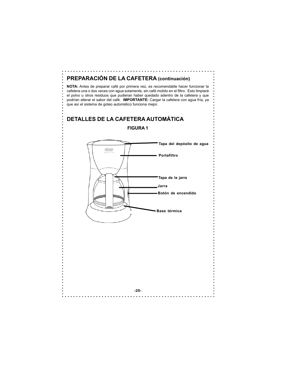 Preparación de la cafetera, Detalles de la cafetera automática | DeLonghi DC500 User Manual | Page 20 / 38