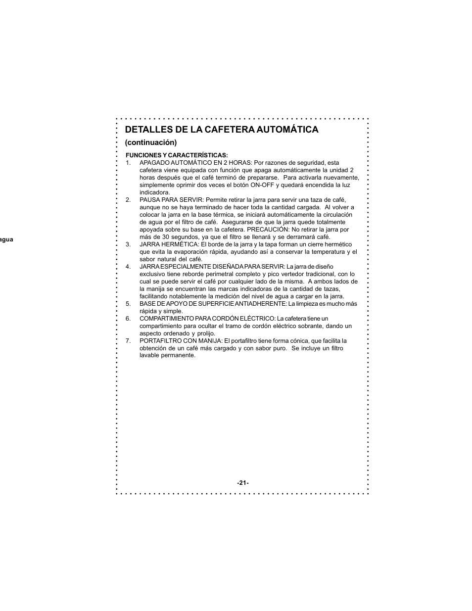 Detalles de la cafetera automática | DeLonghi DC500 User Manual | Page 21 / 38