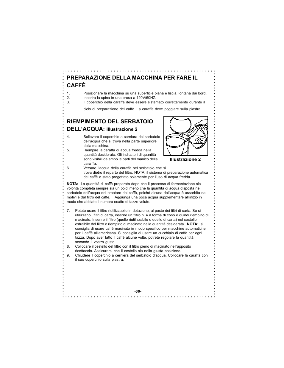 Preparazione della macchina per fare il caffè, Riempimento del serbatoio dell’acqua | DeLonghi DC500 User Manual | Page 30 / 38