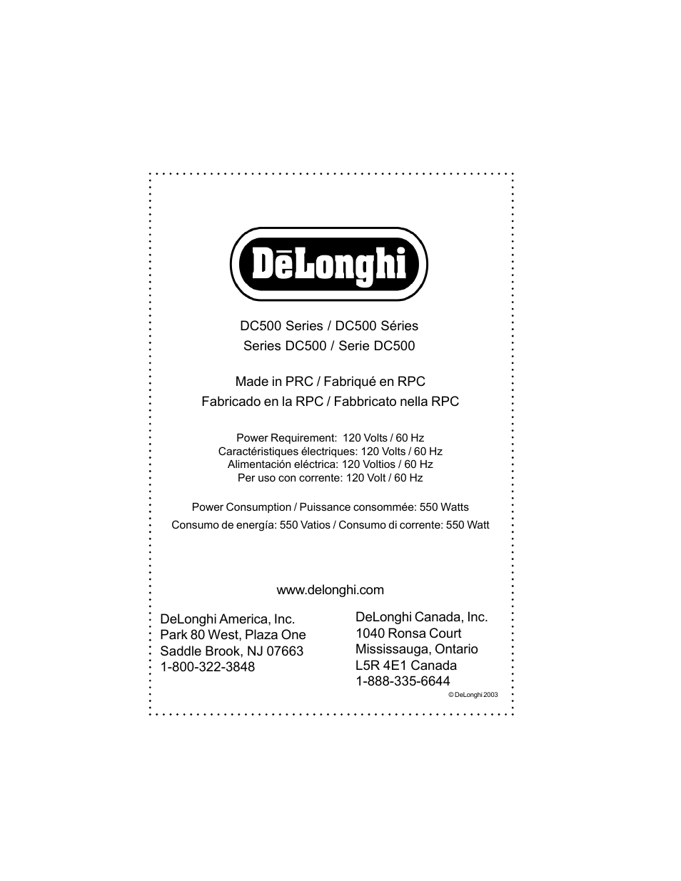 DeLonghi DC500 User Manual | Page 38 / 38