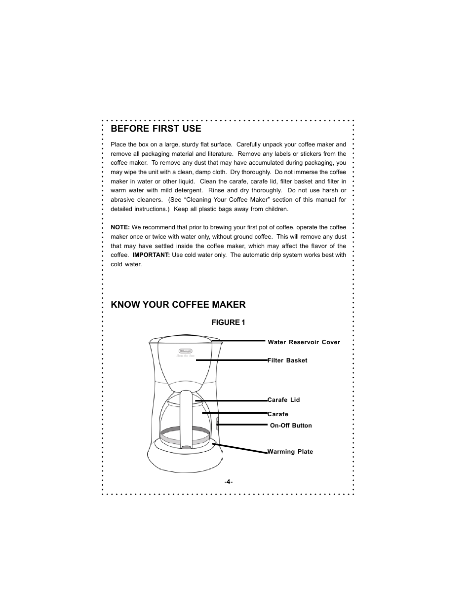 Know your coffee maker, Before first use | DeLonghi DC500 User Manual | Page 4 / 38