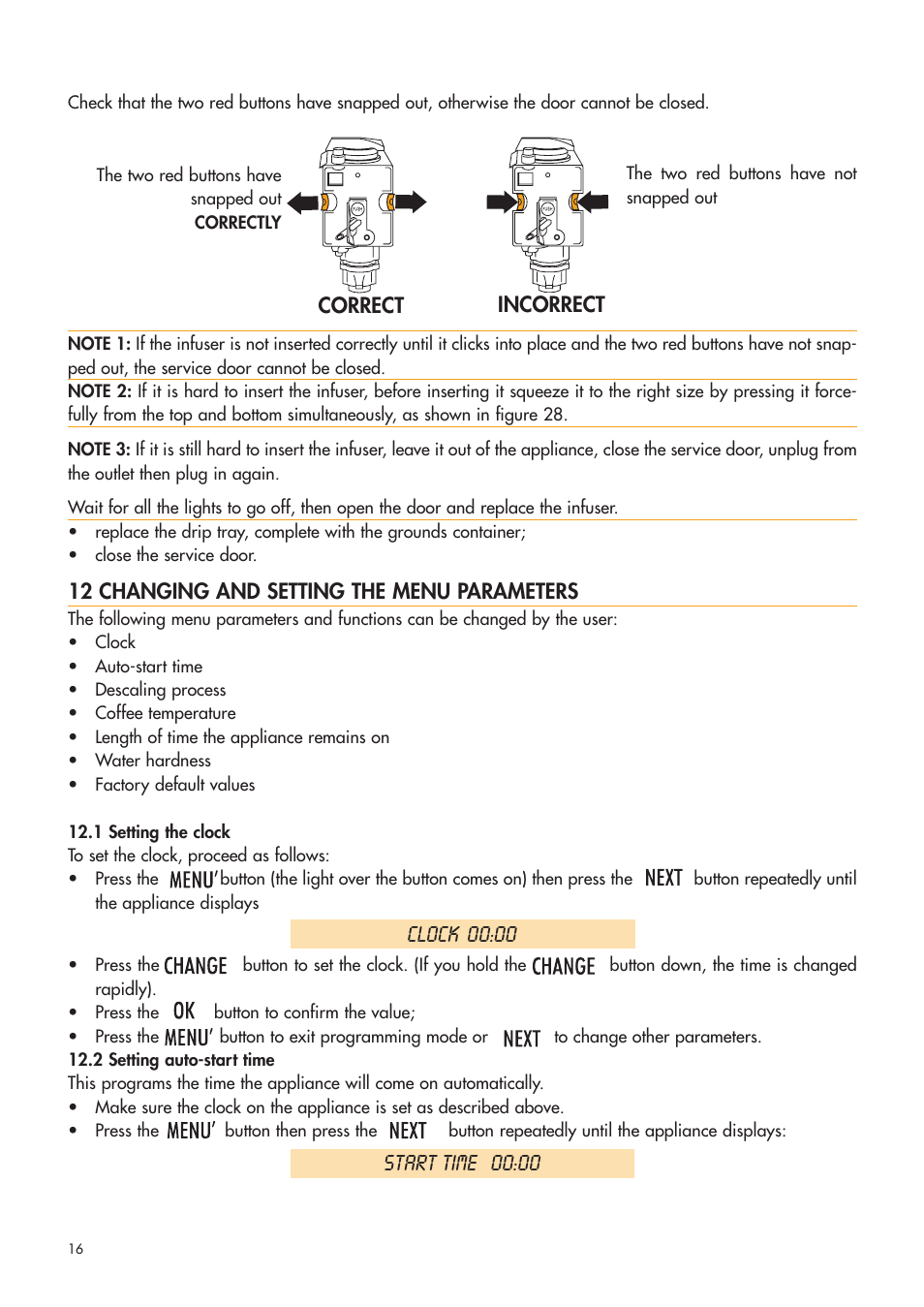 Clock 00:00, Start time 00:00 | DeLonghi ESAM4400 User Manual | Page 17 / 79