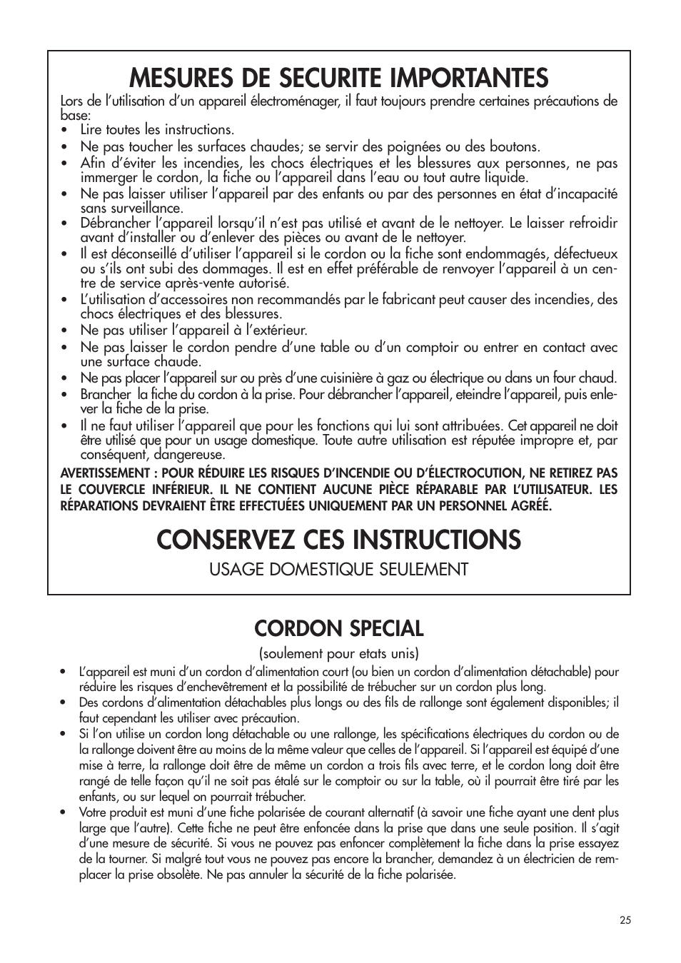 Mesures de securite importantes, Conservez ces instructions, Cordon special | Usage domestique seulement | DeLonghi ESAM4400 User Manual | Page 26 / 79