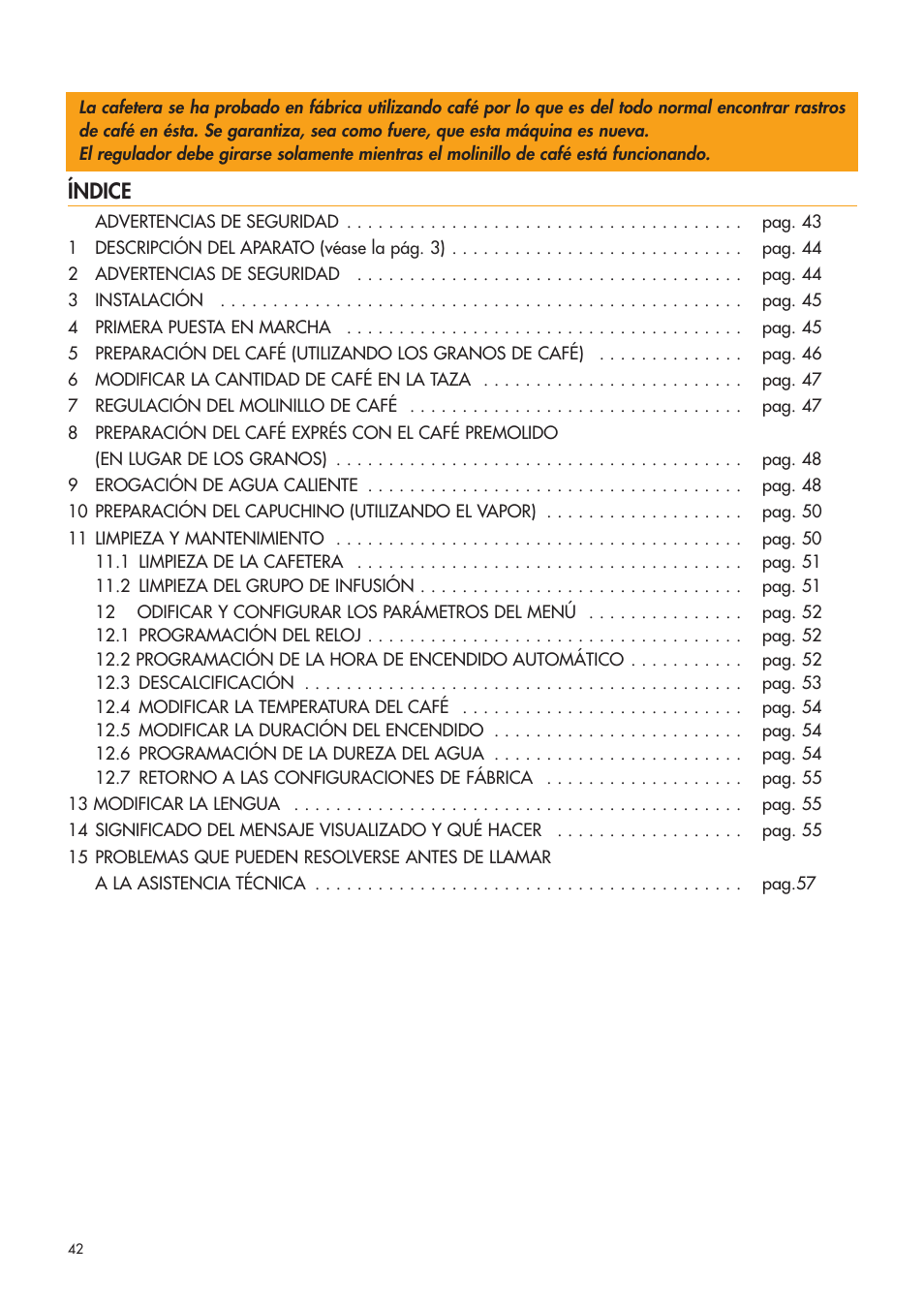 Índice | DeLonghi ESAM4400 User Manual | Page 43 / 79