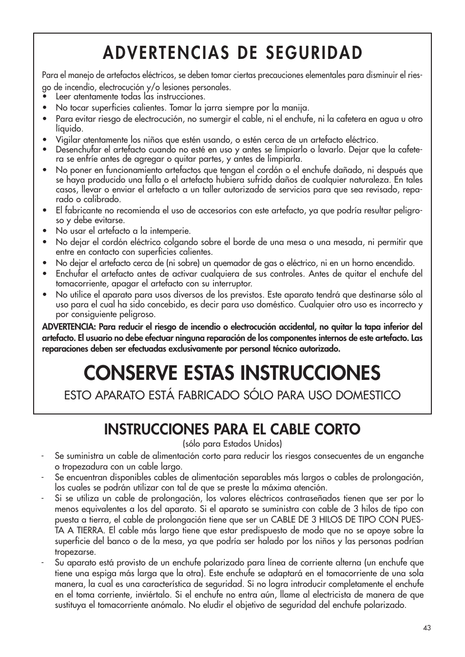 Conserve estas instrucciones, Advertencias de seguridad, Instrucciones para el cable corto | DeLonghi ESAM4400 User Manual | Page 44 / 79