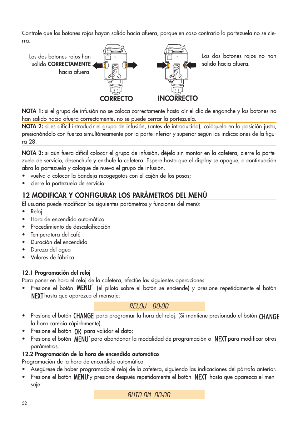 Reloj 00:00, Auto on 00:00 | DeLonghi ESAM4400 User Manual | Page 53 / 79