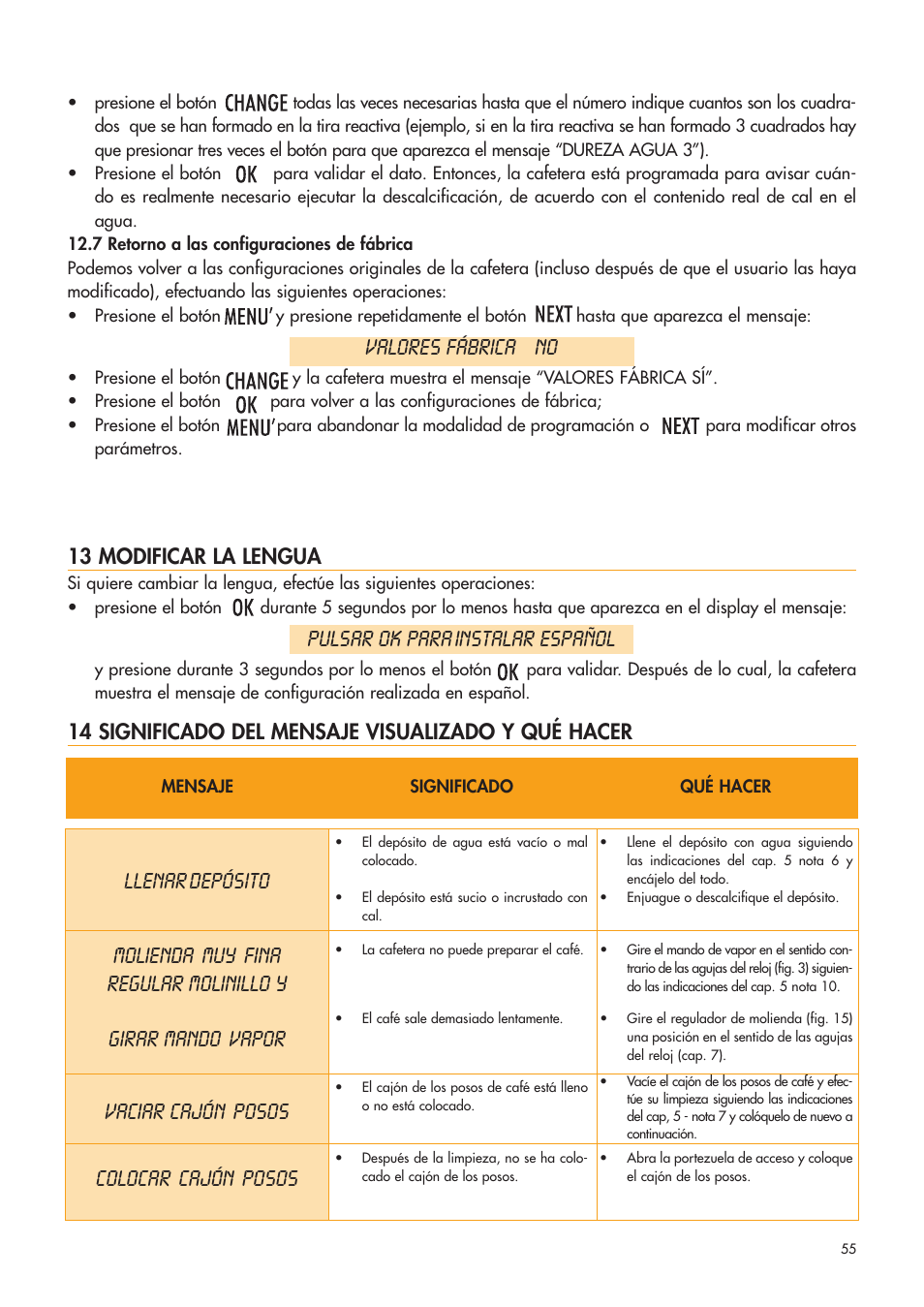 Llenar depósito, Molienda muy fina regular molinillo y, Girar mando vapor | Vaciar cajón posos, Colocar cajón posos, Valores fábrica no, Pulsar ok para instalar español, 14 significado del mensaje visualizado y qué hacer, 13 modificar la lengua | DeLonghi ESAM4400 User Manual | Page 56 / 79