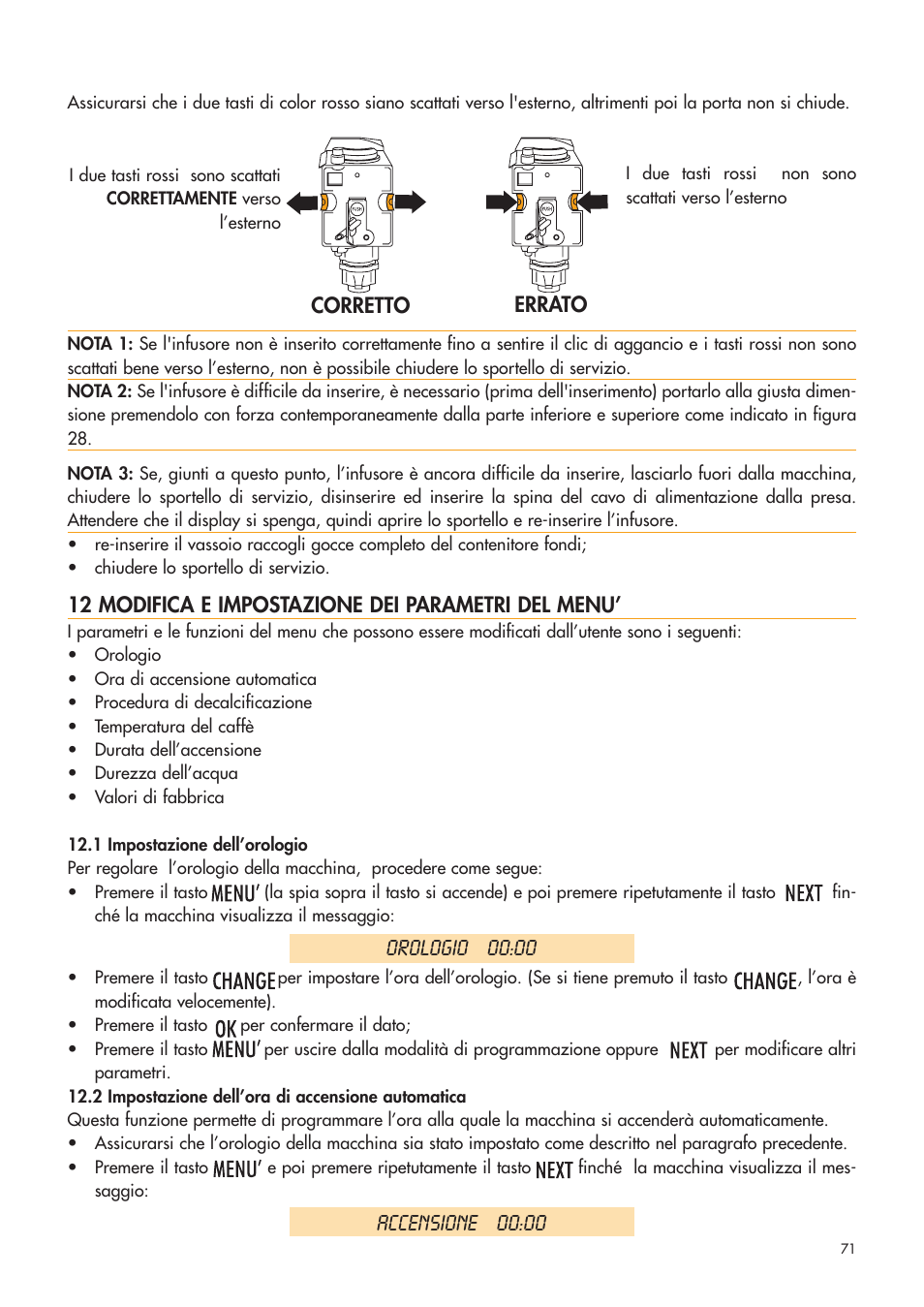 Orologio 00:00, Accensione 00:00 | DeLonghi ESAM4400 User Manual | Page 72 / 79