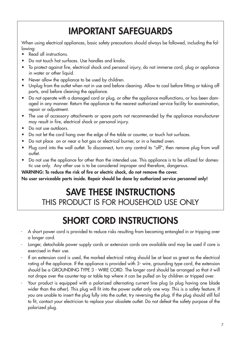 Short cord instructions, Important safeguards, Save these instructions | This product is for household use only | DeLonghi ESAM4400 User Manual | Page 8 / 79