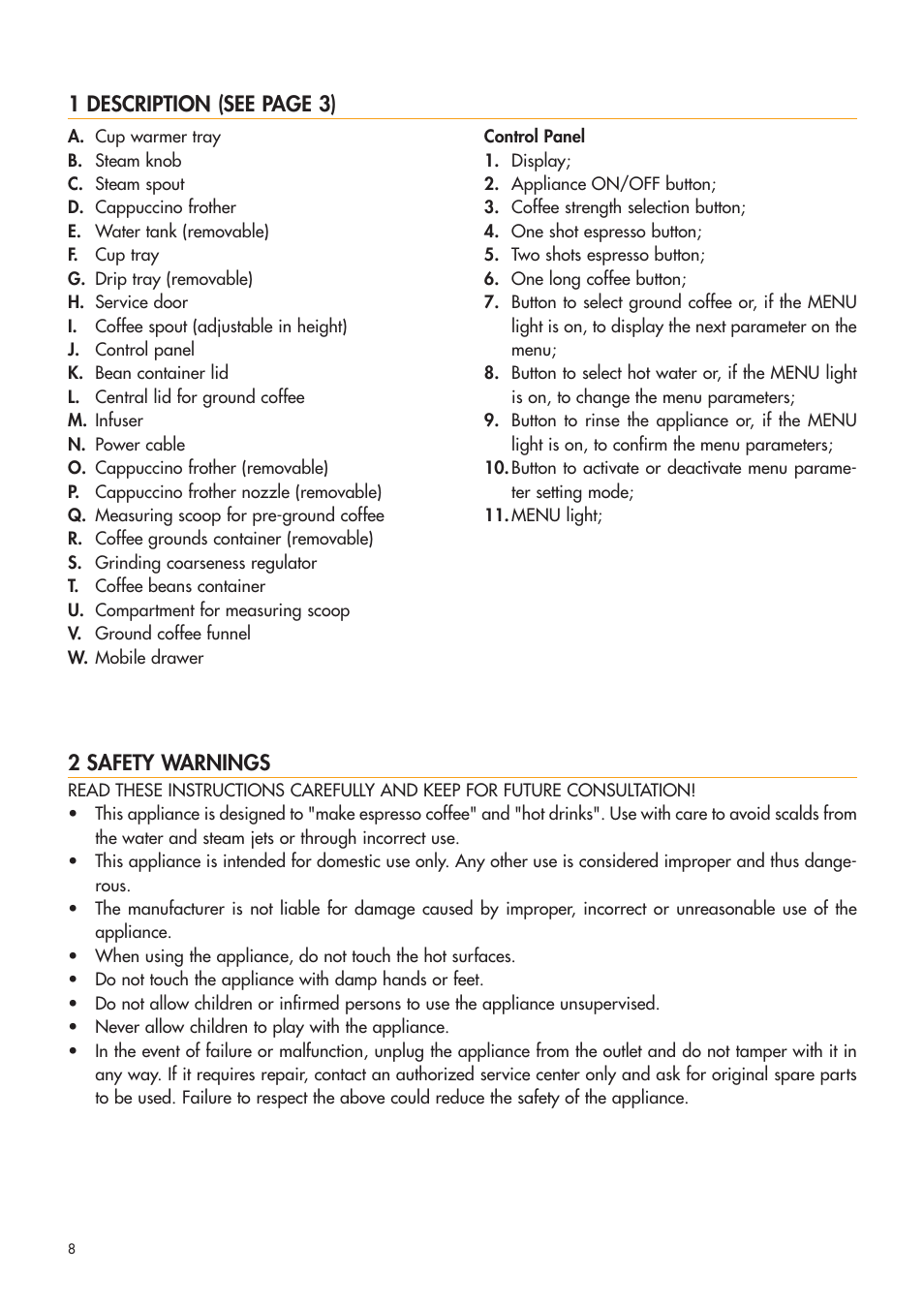 1 description (see page 3), 2 safety warnings | DeLonghi ESAM4400 User Manual | Page 9 / 79
