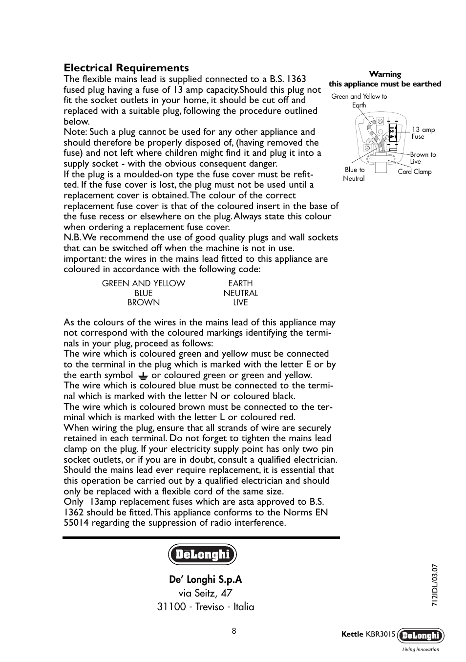 Electrical requirements | DeLonghi KBR 3015 User Manual | Page 8 / 8