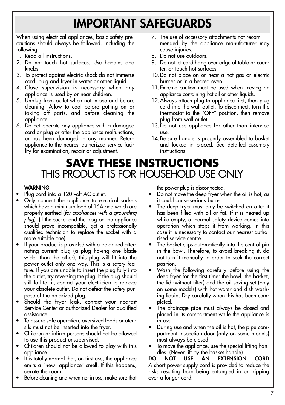 Important safeguards, Save these instructions, This product is for household use only | DeLonghi D895UX User Manual | Page 6 / 12