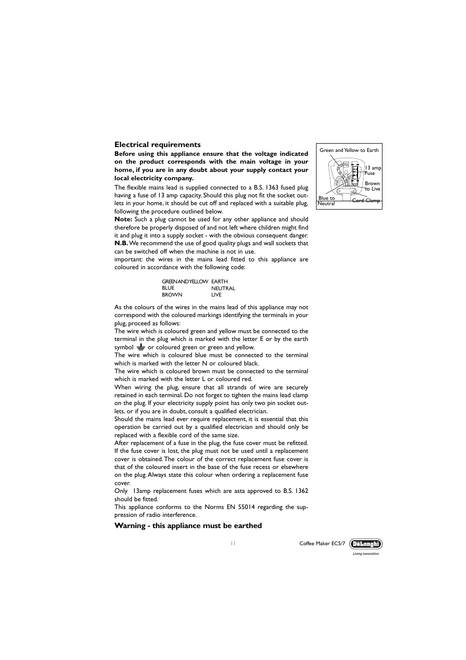 Electrical requirements, Warning - this appliance must be earthed | DeLonghi EC5 User Manual | Page 11 / 11