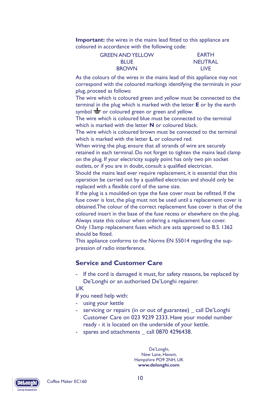 Service and customer care | DeLonghi EC160 User Manual | Page 10 / 11