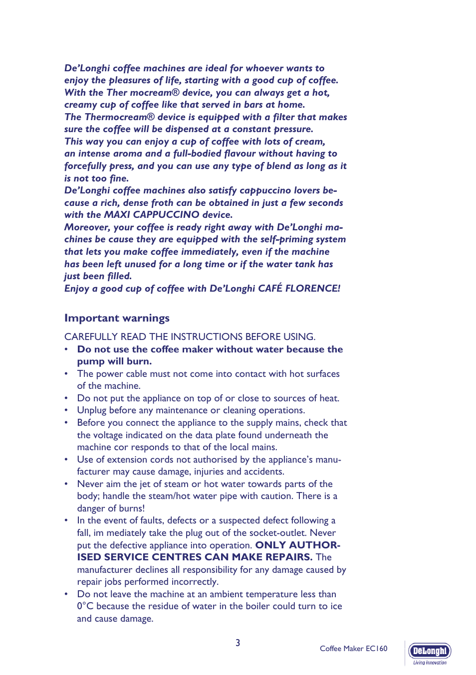 DeLonghi EC160 User Manual | Page 3 / 11