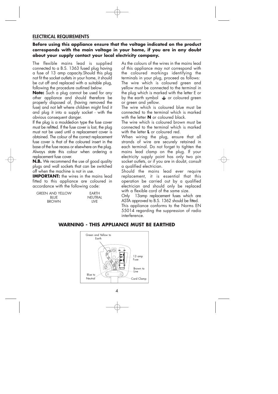 Electrical requirements, Warning - this appliance must be earthed | DeLonghi Kettle User Manual | Page 4 / 7