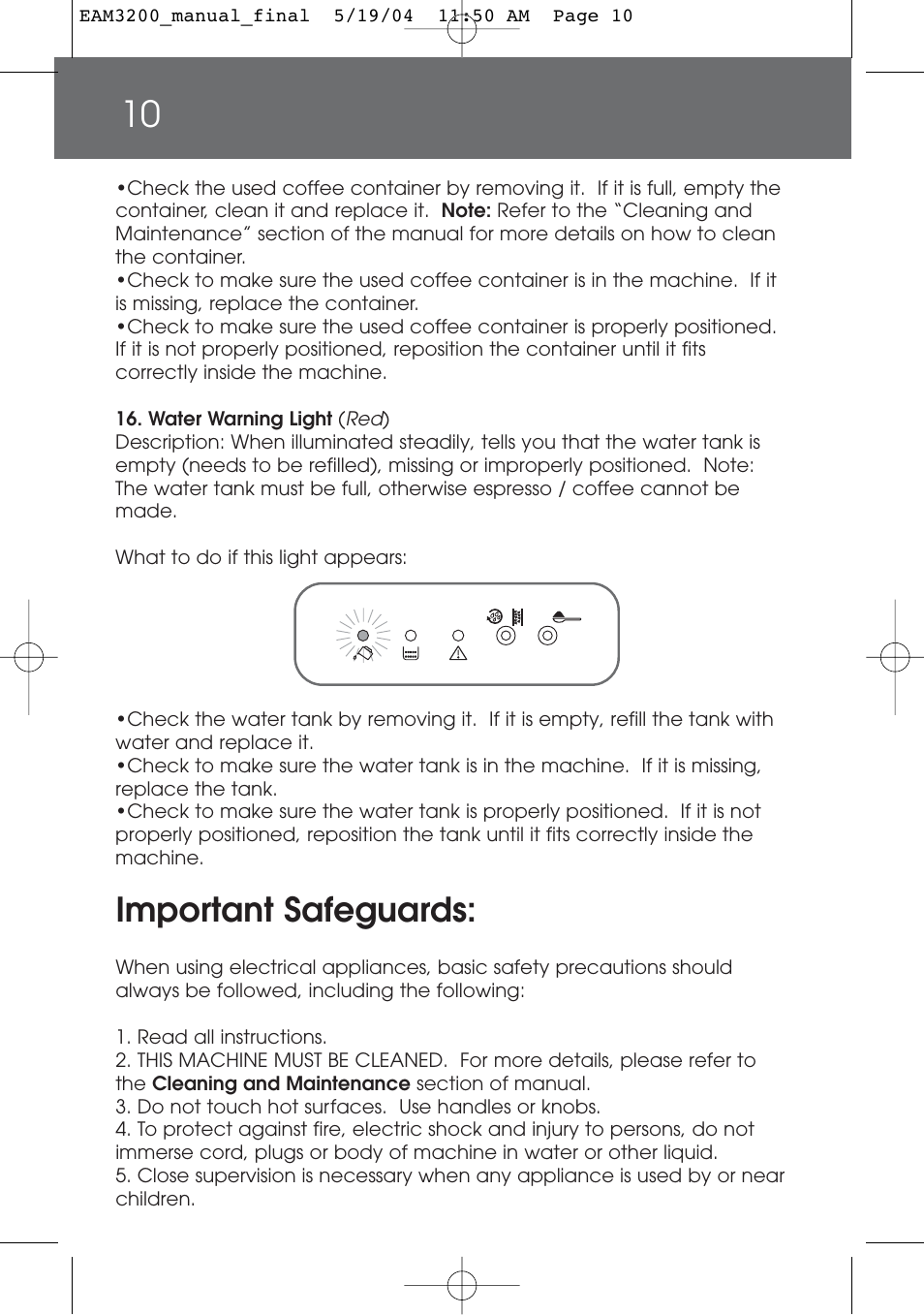 Important safeguards | DeLonghi EAM3200 User Manual | Page 10 / 136