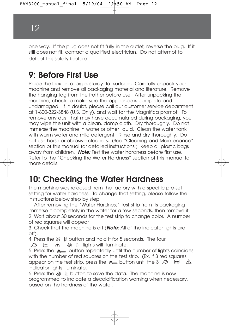 Before first use, Checking the water hardness | DeLonghi EAM3200 User Manual | Page 12 / 136