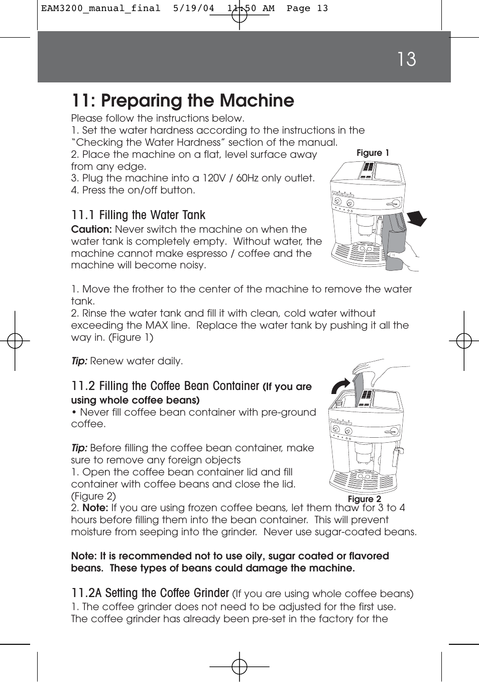 Preparing the machine | DeLonghi EAM3200 User Manual | Page 13 / 136