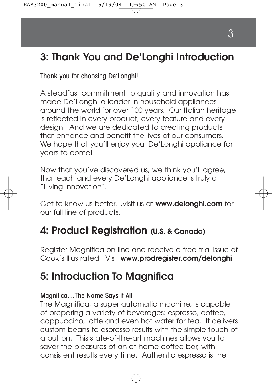 Product registration, Introduction to magnifica | DeLonghi EAM3200 User Manual | Page 3 / 136