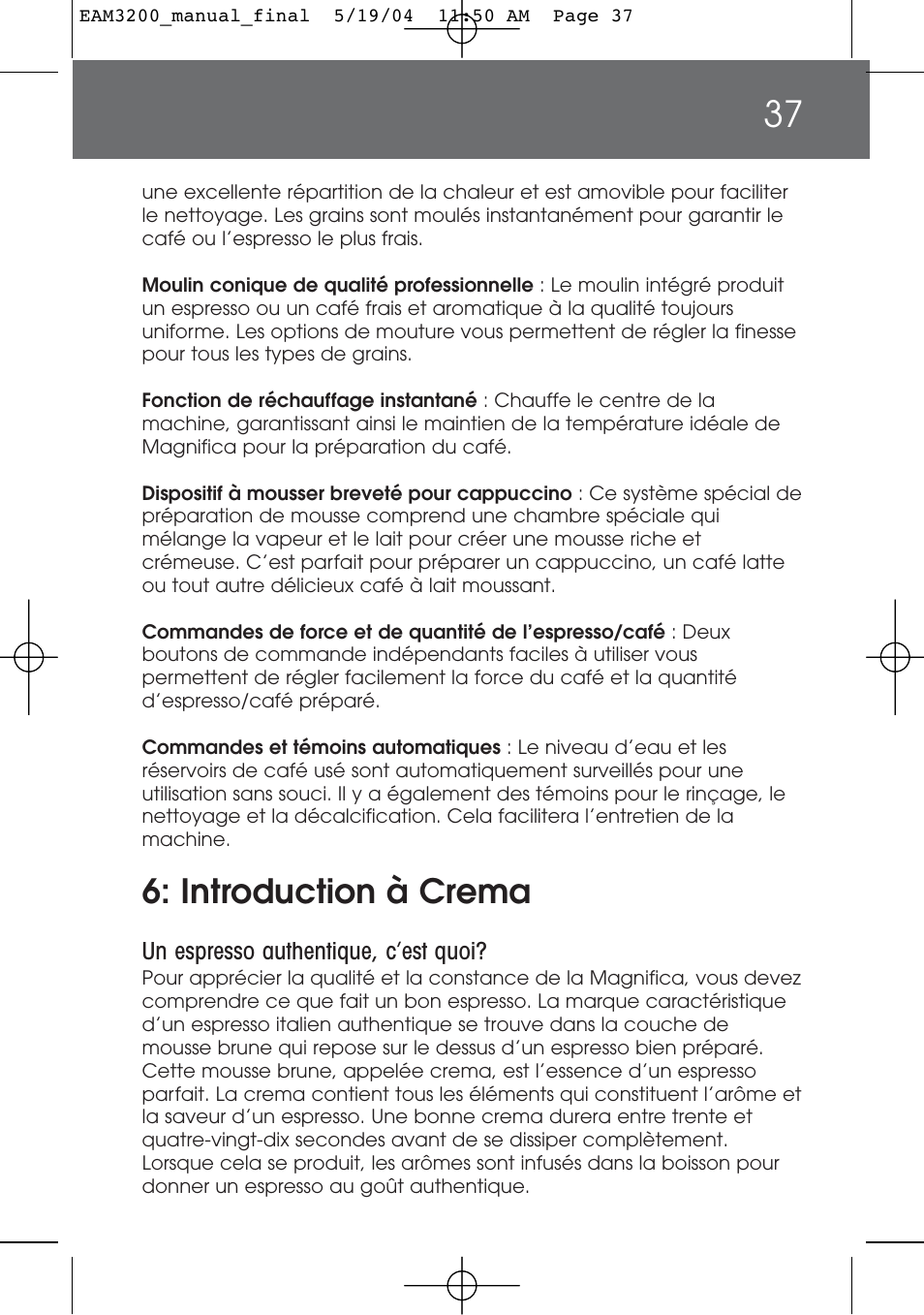 Introduction à crema | DeLonghi EAM3200 User Manual | Page 37 / 136