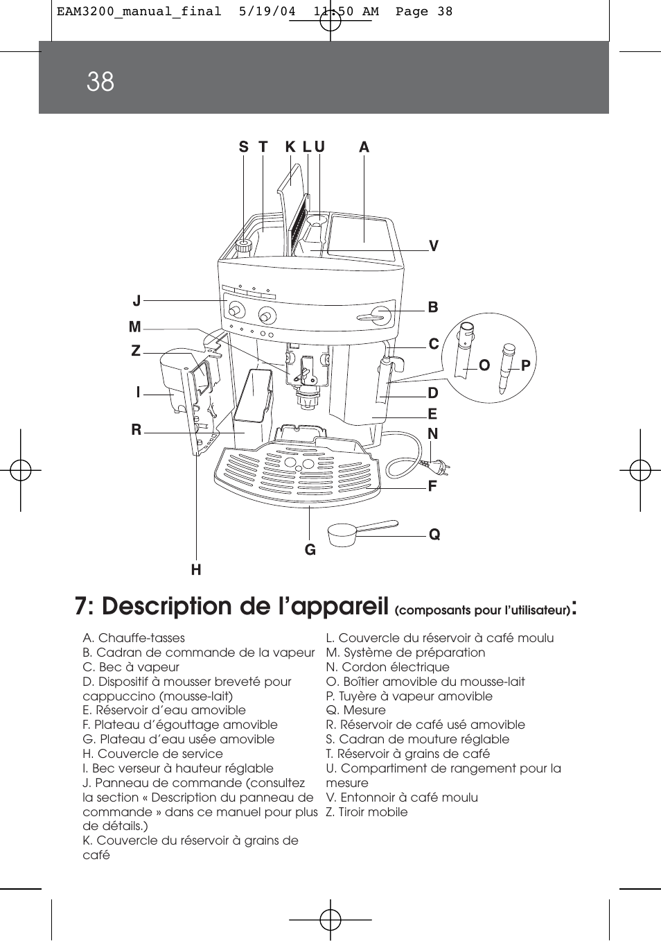 Description de l’appareil | DeLonghi EAM3200 User Manual | Page 38 / 136