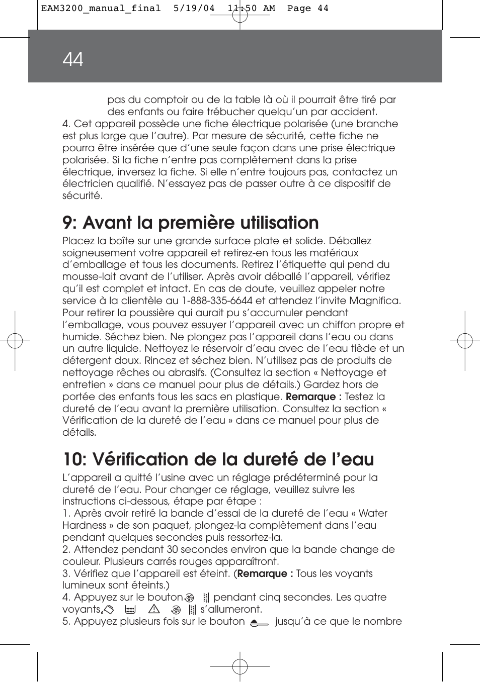 Avant la première utilisation, Vérification de la dureté de l’eau | DeLonghi EAM3200 User Manual | Page 44 / 136