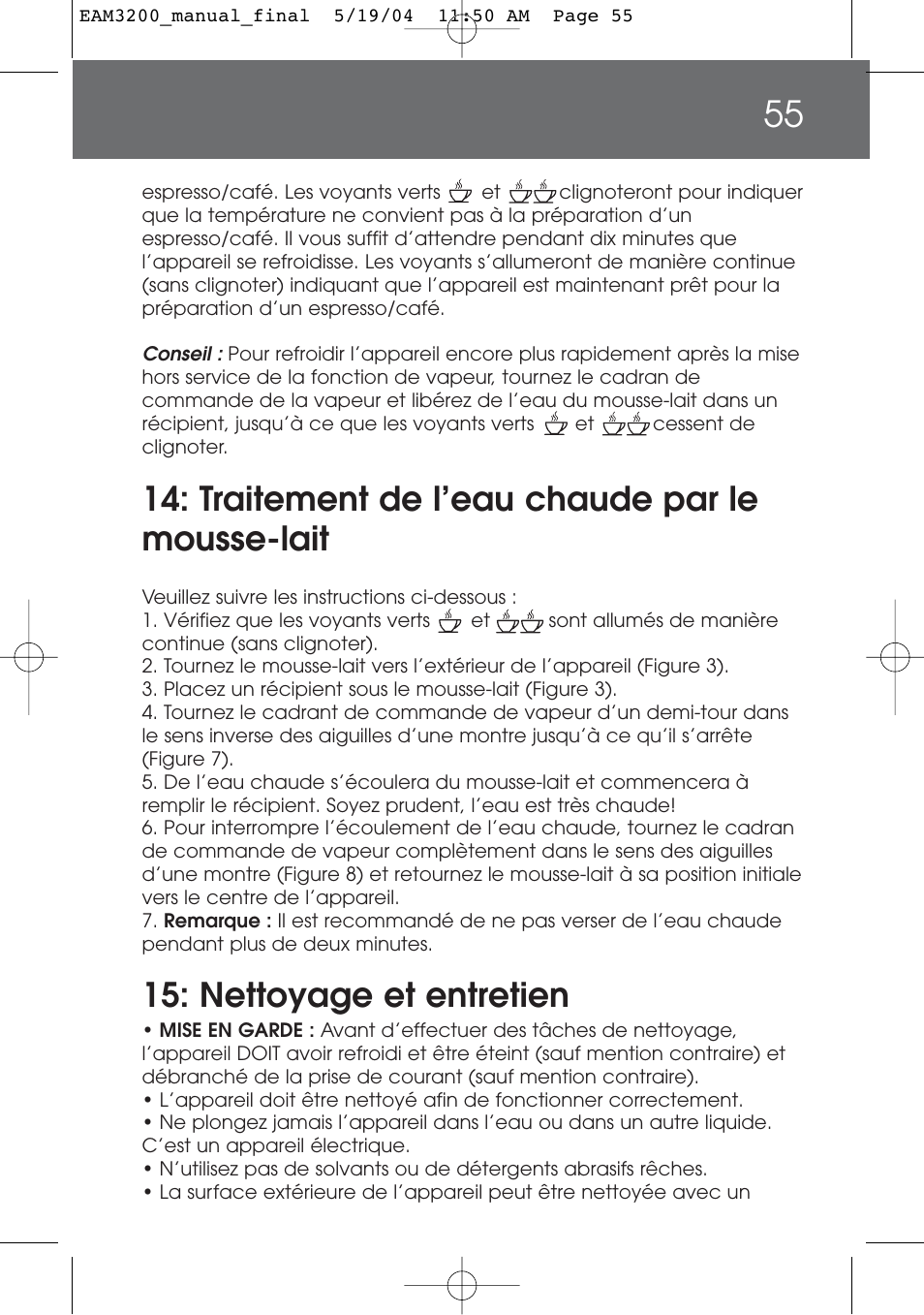 Traitement de l’eau chaude par le mousse-lait, Nettoyage et entretien | DeLonghi EAM3200 User Manual | Page 55 / 136