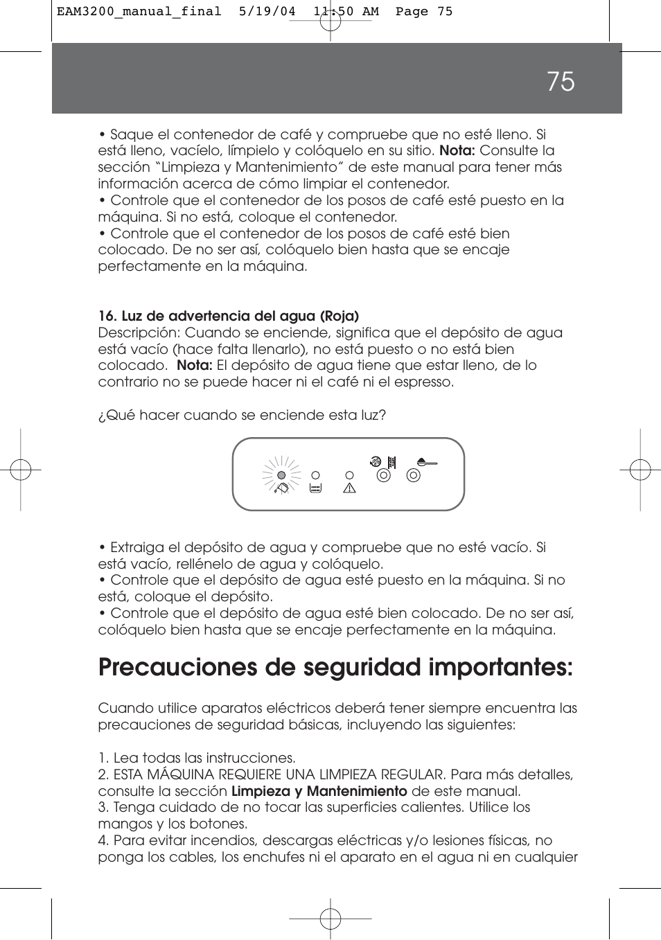 Precauciones de seguridad importantes | DeLonghi EAM3200 User Manual | Page 75 / 136